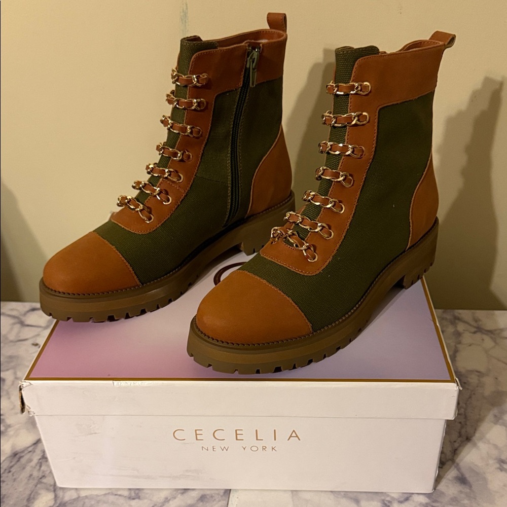 CECELIA NEW YORK Olive and Tan Lace-Up Combat Boots